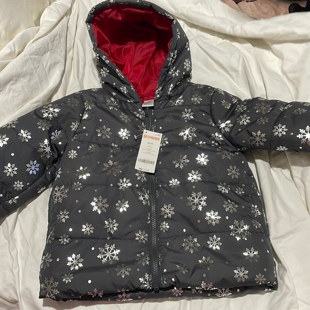 Gymboree S 5/6 grey silver snowflakes front zip hooded puffer nwt pockets